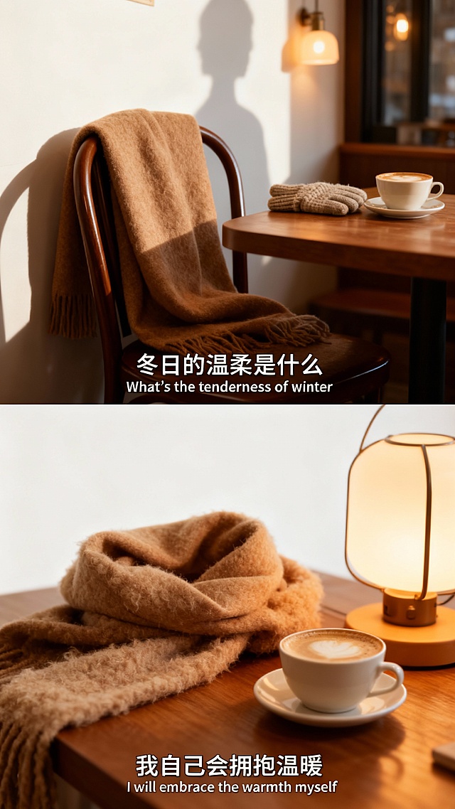 暖色调木质感空间，轻拟物风面料细节，柔和光影交织，营造冬日文艺温馨氛围，实景感十足的舒适角落。