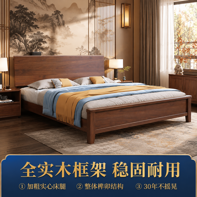 「图片1」，生成一套主图（5张），商品名称是南美进口胡桃木床，卖点用蓝底金字放在图片下方，全实木框架，静音床铺板，大板靠背，2米宽x2.2米长满足对超大床的需求，30年稳固耐用。换成国潮新中式装修风格预览效果