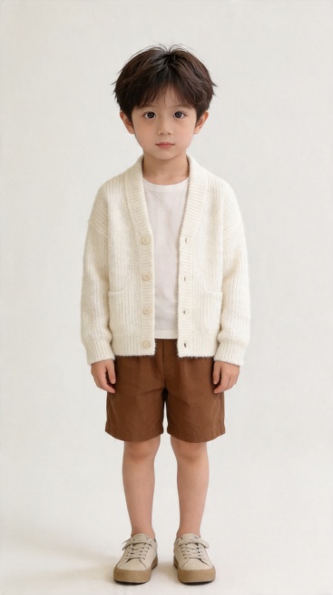 生成呆萌小男孩真人全身写真，仅保留参考图1人物脸型、发型、年龄等特征，忽略参考图中的配饰，风格为时尚高级质感，柔和细腻氛围，胶片颗粒质感，高级时装感；正面柔光打光，均匀光线，面部无硬阴影，整体光影层次预览效果