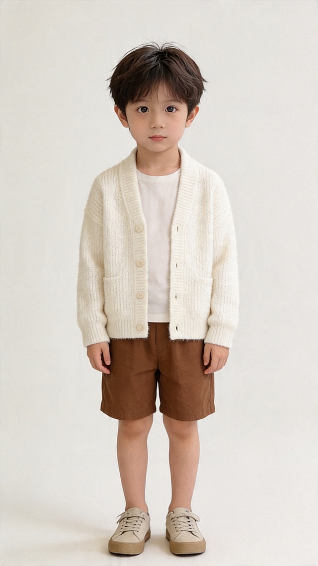 生成呆萌小男孩真人全身写真，仅保留参考图1人物脸型、发型、年龄等特征，忽略参考图中的配饰，风格为时尚高级质感，柔和细腻氛围，胶片颗粒质感，高级时装感；正面柔光打光，均匀光线，面部无硬阴影，整体光影层次柔和，暖米白色调，皮肤通透；真实幼童肤质，自然干净皮肤纹理，蓬松深棕色短发，呆萌懵懂神态；双手自然垂下在身体两侧，安静站立，表情呆萌，直视镜头；穿着米白色软糯针织开衫外套，搭配棕色休闲短裤，脚穿日常简约休闲鞋，内搭简约打底衫；极简浅纯色背景，无多余杂物，突出人物；全身构图，平视视角，分辨率4k, 电影级光影质感, 商业人像摄影级别，画面比例9:16