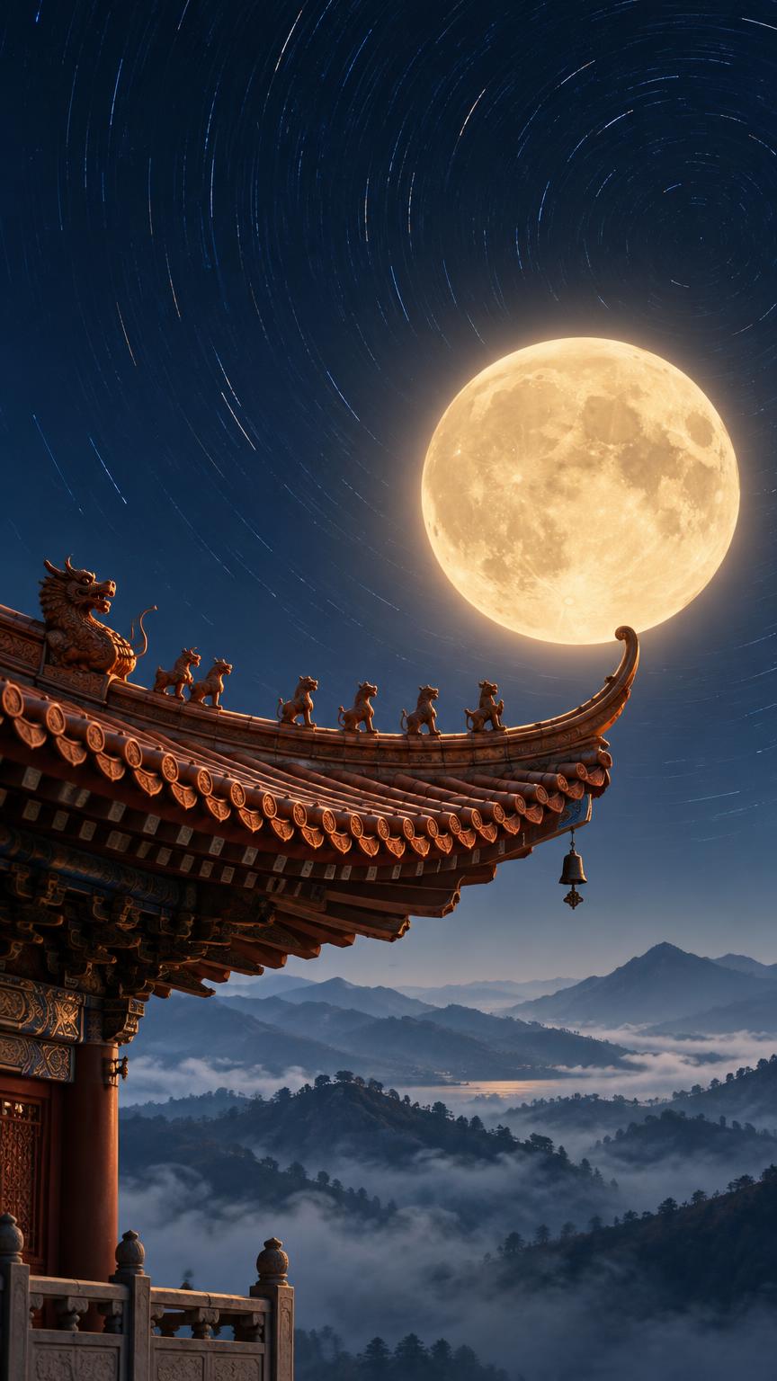 竖版新中式地产中秋海报底图，写实氛围感摄影风格，竖向构图，平视… - 图片创意预览