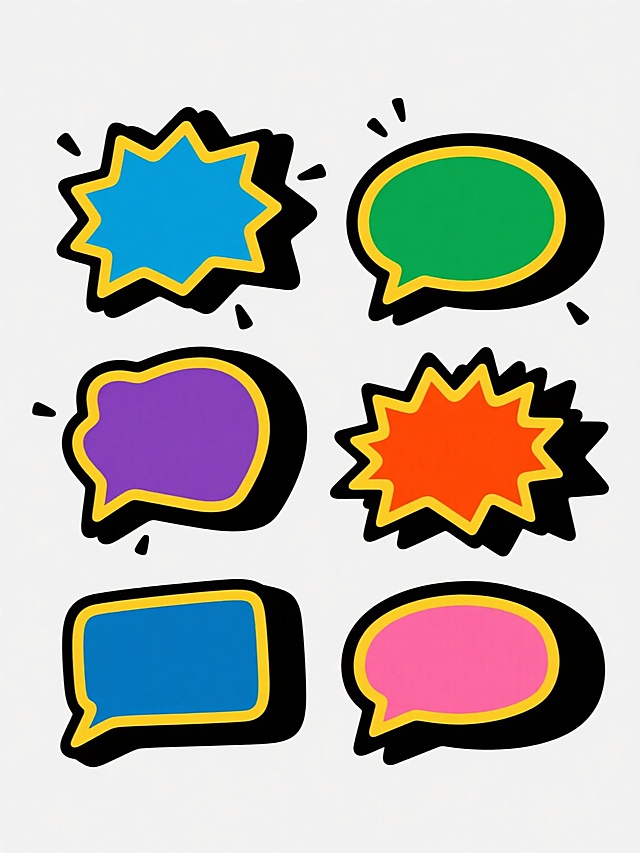 一系列六个风格统一的手绘卡通爆炸对话框图形，每个图形保持相同的黑色粗轮廓线条、黄色内边缘装饰以及黑色尖角点缀元素，分别采用纯红底黑黄边、纯蓝底黑黄边、纯绿底黑黄边、纯紫底黑黄边、纯橙底黑黄边、纯粉底黑黄边的配色方案，所有图形等距排列在同一纯色背景上，形成规整的集合展示。