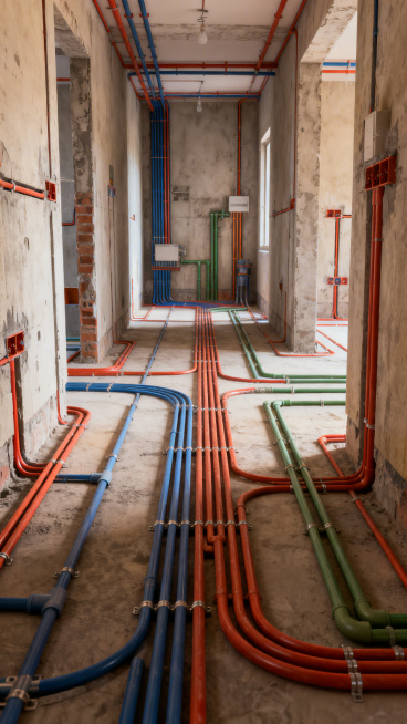 装修行业，室内装修水电施工效果图，展示规范标准的水电布线施工现场，线路排布整齐有序，管道铺设横平竖直，工艺标准到位，避免后期返工，高清写实效果图预览效果