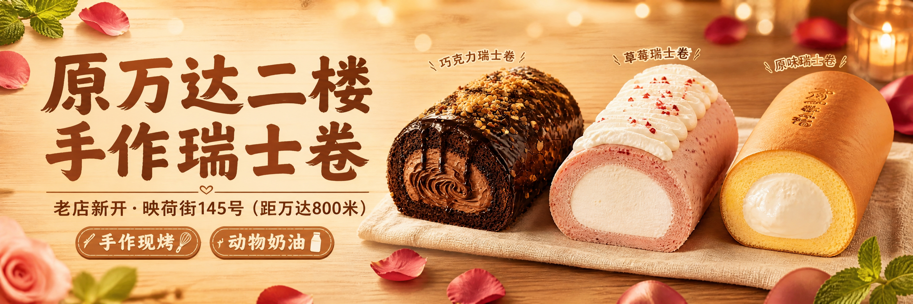 美团外卖店招横幅，超宽横版，暖调烘焙风格。左侧主标题"原万达二… - 图片创意预览