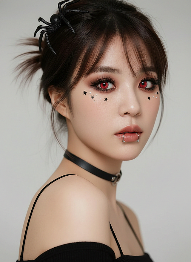 暗黑哥特风格妆容，眼妆为烟熏妆，大地色眼影，红色瞳孔，眼尾做晕染，搭配狐系睫毛；眼下点缀星星和星形贴纸；唇妆为清透的裸粉色系，搭配唇部钉饰，整体妆容线条精致，黑色蜘蛛头饰和黑色项圈