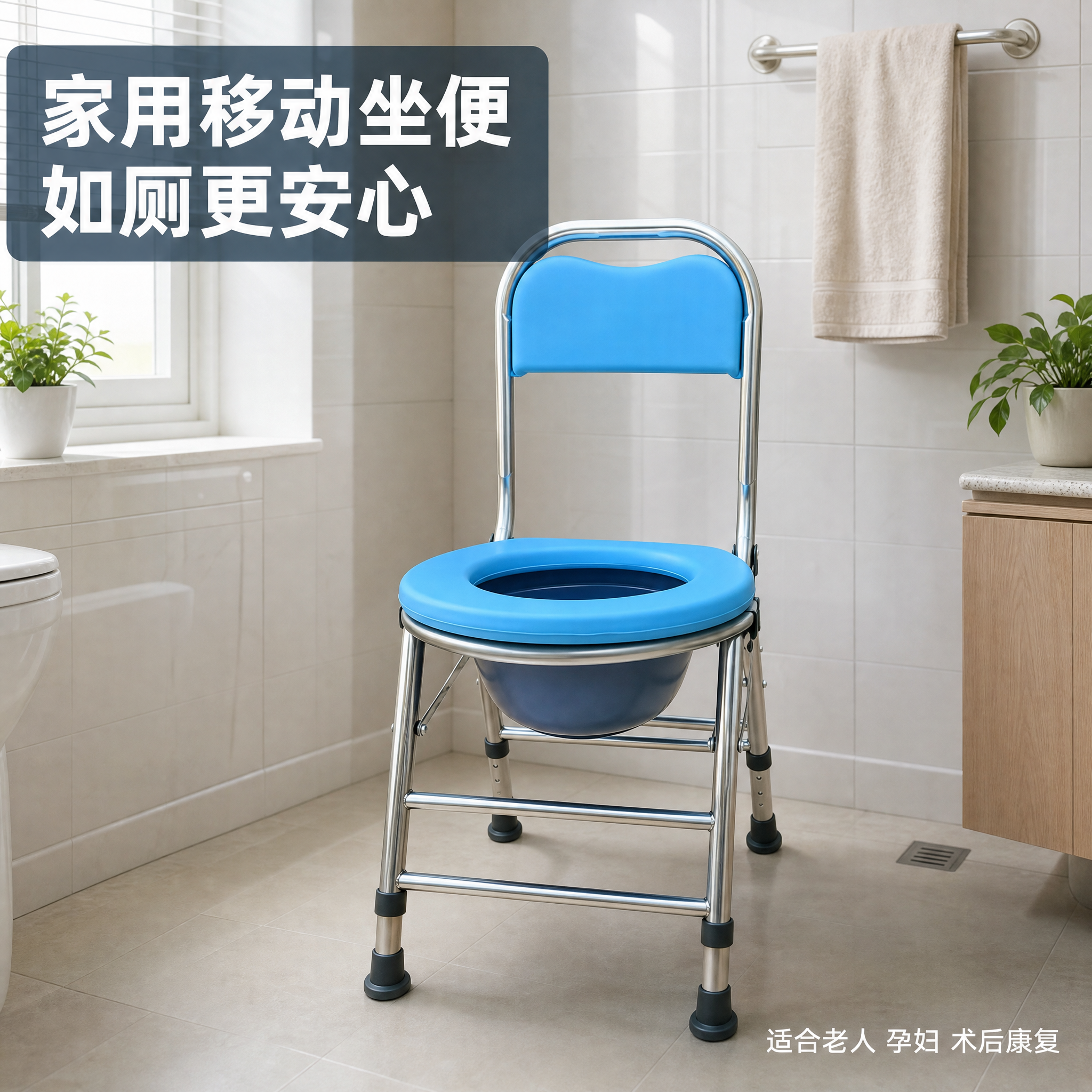 [主图-3 蓝色圆管调节款] 场景使用图，展示坐便椅在家庭卫生… - 图片创意预览