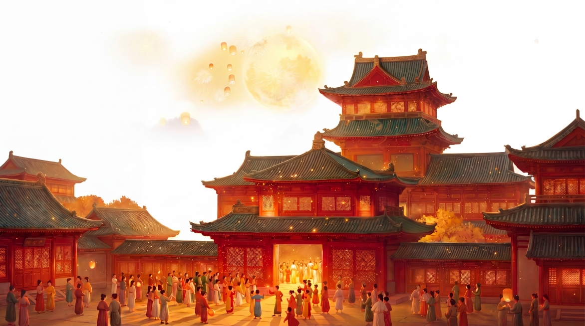 将图片中建筑物后面的背景改为纯白色，保留前景的古建筑、人群，保持建筑和人群不变，整体风格不变预览效果