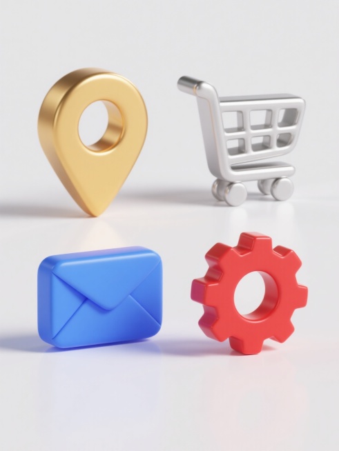 一系列四个3D立体图标设计，每个图标均采用相同的高光泽金属质感，具有平滑的曲面过渡和清晰的边缘高光，背景为纯色，整体色彩方案各异但保持统一的现代简约风格，图标元素分别为：金色地图定位标记、银色购物车、蓝色信封和红色齿轮，四个图标规整排列在白色背景上，每个图标具有相同的立体厚度和光影效果，形成视觉协调的系列素材集合。预览效果