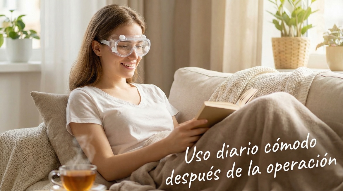 以图中的护目镜为元素,激光近视手术后眼罩，眼镜友好型设计,欧美模特,设计4张跟护目镜有关的图,物体主体特征不变，西班牙语,比例 「16:9」预览效果