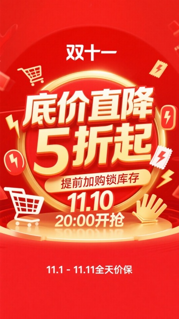 以“双十一”为核心主题，风格活力亮眼，主色调用红色+金色撞色，主视觉突出“底价直降5折起”大字标题，搭配“提前加购锁库存，11.10 20:00开抢”副标题；画面融入购物车、优惠券、闪电发货图标，底部预览效果