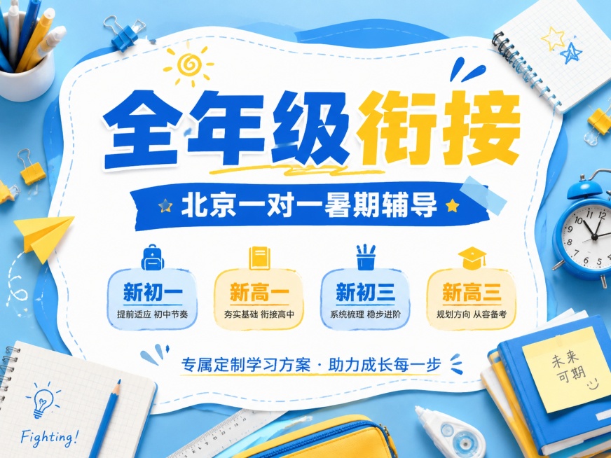 4:3比例教育培训推广海报，参考图片浅蓝色+蓝色+黄色清新配色，不规则白色内容框，实物文具装饰风格，主标题“全年级衔接”，副标题“北京一对一暑期辅导”，四个卖点标注新初一新高一新初三新高三，搭配多种文预览效果