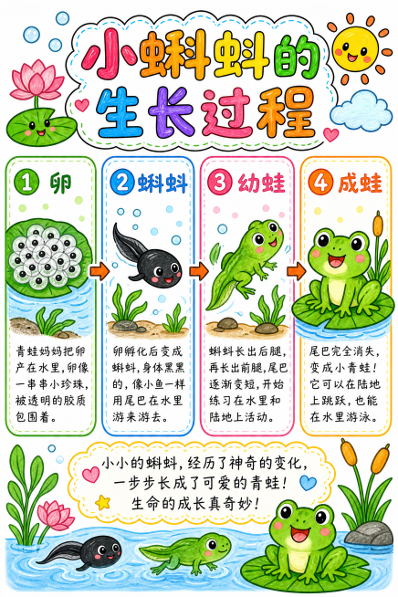 参考参考图的手抄报排版风格，绘制小蝌蚪生长过程科普手抄报，马克笔手绘风格，白色背景，尺寸210*297，分为四个生长阶段介绍：1卵，2蝌蚪，3幼蛙，4成蛙，每个阶段配有卡通可爱的手绘插图和对应文字说明预览效果