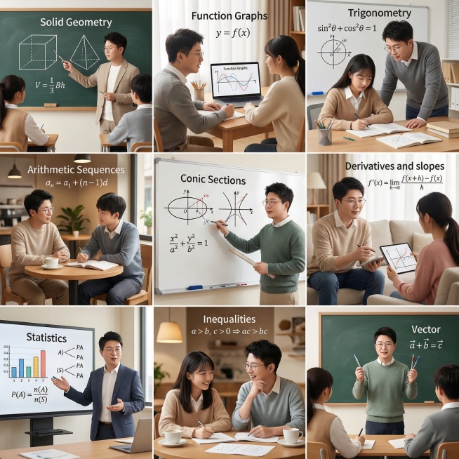 帮我生成关于高中数学的九宫格图片，要有老师和学生，老师的脸帮我设计成这张图片的，学生是中国人，场景是教室、家里、办公室、咖啡厅等，帮我生成20张预览效果