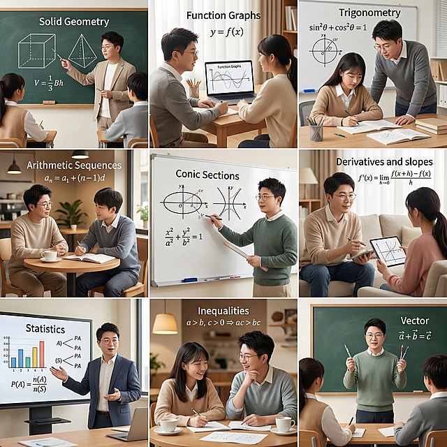 帮我生成关于高中数学的九宫格图片，要有老师和学生，老师的脸帮我设计成这张图片的，学生是中国人，场景是教室、家里、办公室、咖啡厅等，帮我生成20张
