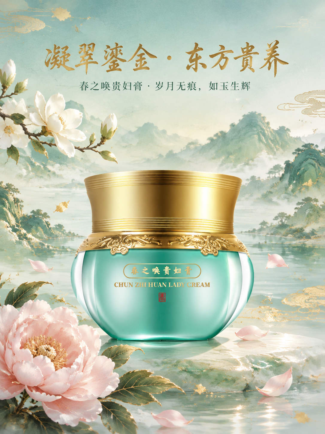 高端国风护肤品竖版海报，画幅3:4，居中构图。画面中央是一瓶“… - 图片创意预览