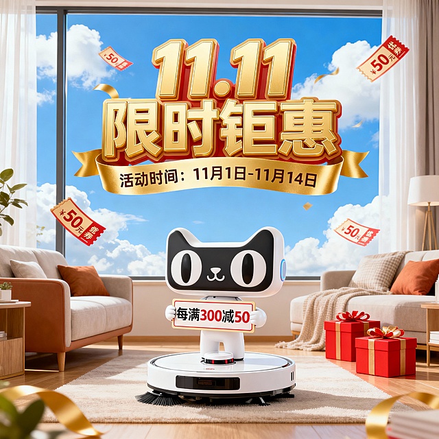 温馨居家场景，画面核心是一个可爱的白色机器人站在天猫扫地机器人上，手持写有“每满 300 减 50”的牌子，上方有金色“11.11 限时钜惠”艺术字，搭配标注“活动时间：11 月 1 日 - 11 月 14 日”的金色丝带，周围散落50元优惠券标签、红色礼盒，背景是明亮的客厅与窗外蓝天白云，整体温馨且充满科技感