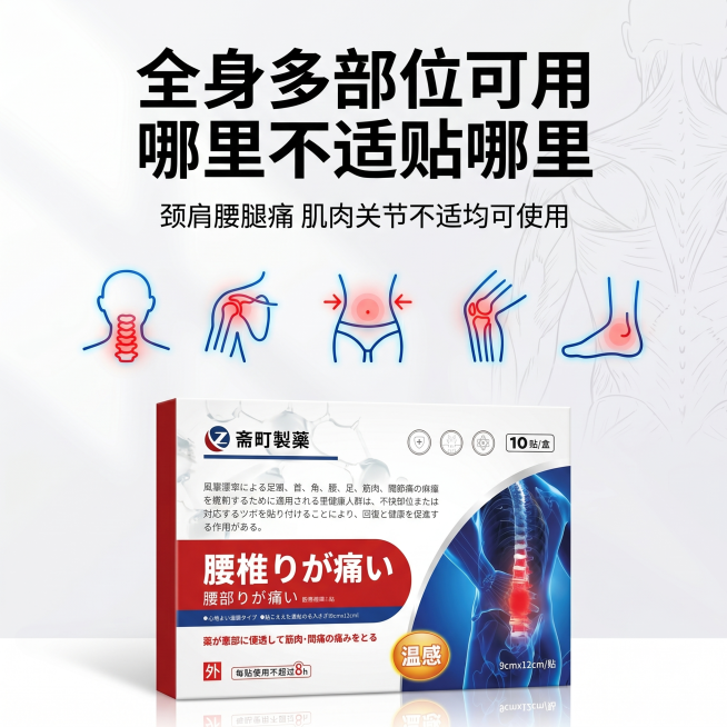 [主图-4] 斋町製藥筋骨疼痛保健贴多部位适用主题图；
[氛围风格] 日系简约医疗风融合科技机能风；
[画质] 商业摄影质感、光线柔和通透、产品清晰真实、画面高清通透、高级有质感，产品细节保留完整，文预览效果