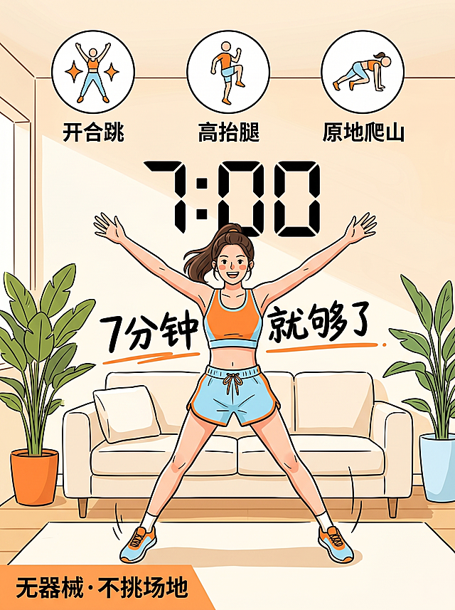 明亮的客厅场景，一位穿着休闲运动服的年轻女性正在做开合跳，手脚张开，脸上带着努力但愉快的表情。她身后有三个小圆圈，分别展示三个动作的图标：第一个星星形状代表开合跳，第二个抬膝动作代表高抬腿，第三个双手撑地交替提膝代表原地爬山。画面中央有一个大大的计时器显示"7:00"，旁边有一行字"7分钟就够了"。背景简洁温馨，摆放着沙发和绿植。整体色调活泼明亮，以橙色和浅蓝色为主。画风为手绘插画风格，动感十足，传达"短时高效燃脂"的信息。画面角落标注文字"无器械·不挑场地"
