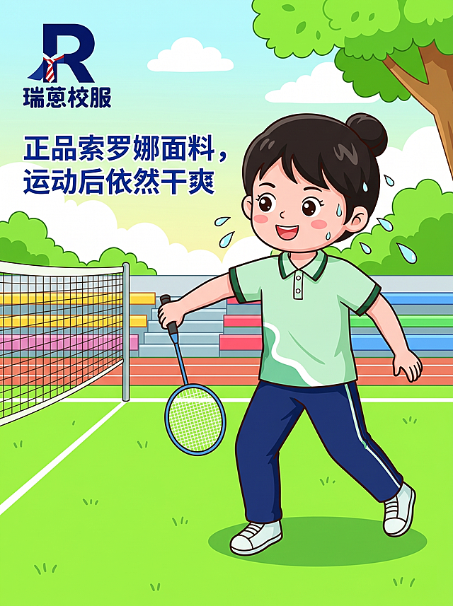 卡通风格，一个女孩穿着高明区瑞蒽校服，浅绿polo衫加深蓝色裤子，衣服带有浅绿波浪和白色装饰边，正在打羽毛球，左上角带有瑞蒽校服logo，配文字"正品索罗娜面料，运动后依然干爽"，背景是校园运动场，色彩明亮简洁卡通。