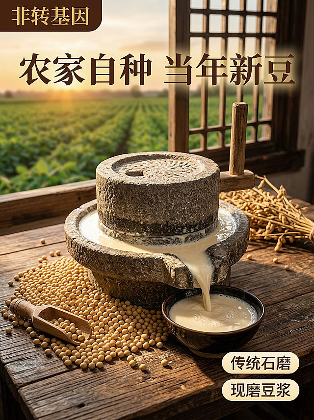 创意场景：展示黄豆和手工石磨磨豆浆的复古场景，石磨旁散落黄豆，磨槽里流淌出浓豆浆，自然暖光，传统手作氛围，高级朴实风格，产品外观保持一致，3:4比例，2K分辨率