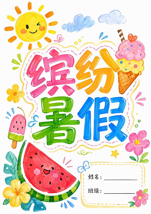 马克笔手绘风格，白底，“缤纷暑假”暑假作业封面，大标题“缤纷暑假”，用多彩夏日元素西瓜、冰淇淋、太阳、花朵装饰，排版活泼可爱，右下角预留姓名班级填写区，适合小学三年级，尺寸210*297