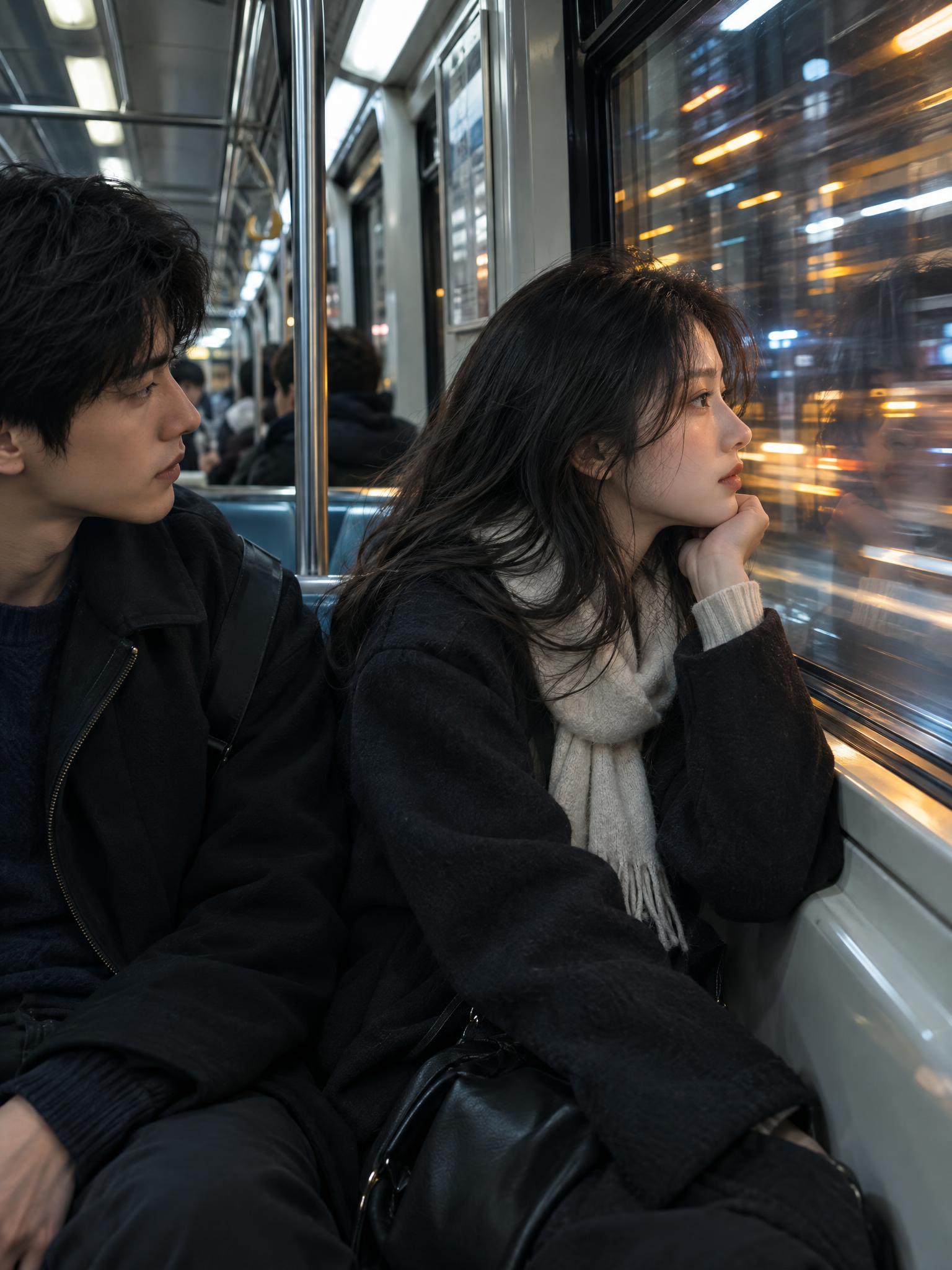 竖版3:4写实电影静帧：地铁车厢内，两人坐在靠窗位置，女生靠近… - 图片创意预览