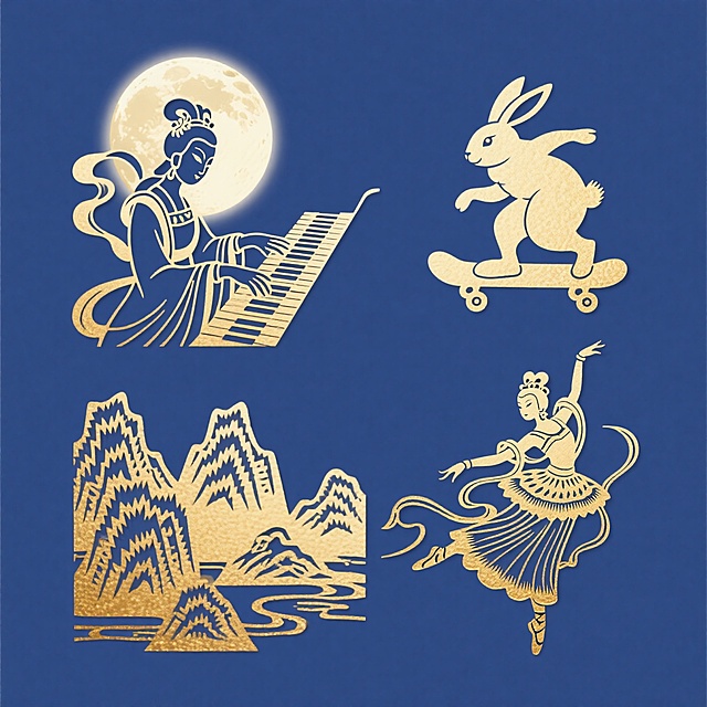 剪纸风与鎏金质感交织，嫦娥抚琴、玉兔滑板、山水意境与芭蕾舞姿拟人化呈现，古典与现代碰撞，国潮美学中透出梦幻唯美，中秋佳节的优雅复古韵味跃然纸上。