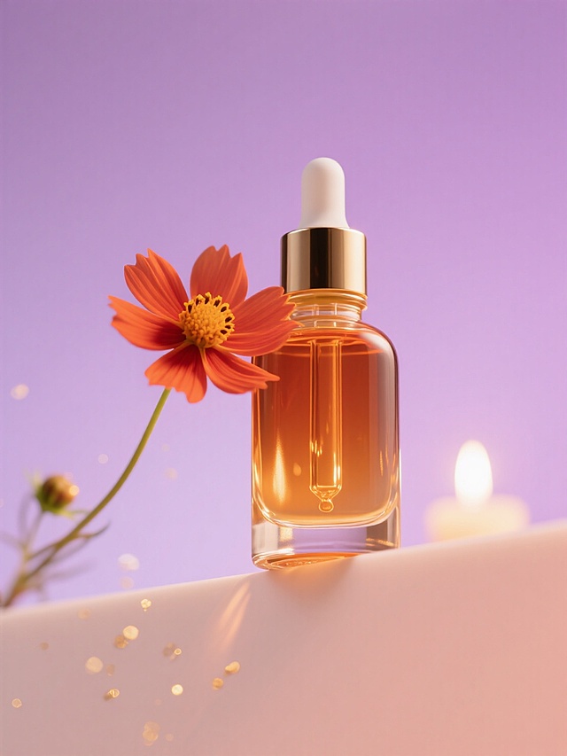 梦幻玻璃瓶，橙花点缀，柔和浪漫3D风，简约轻拟物设计，烛光映衬。