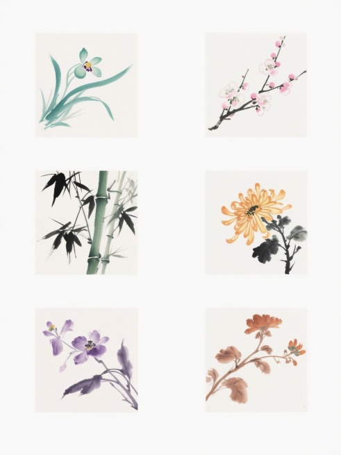 中国传统水墨风格花卉系列，纯白背景，六幅规整排布的水墨画组成集合，每幅画保持相同的写意笔触、淡雅晕染效果和简约构图，画面整体色彩变换为不同色调，分别描绘兰花（青绿色调）、梅花（粉白色调）、竹子（墨绿色调）、菊花（橙黄色调）以及另外两种同类目不同形态的花卉（紫色调与赭石色调），所有花卉均以流畅的墨线勾勒轮廓，配合温润的色彩晕染，展现出东方水墨特有的空灵意境与自然韵味。预览效果