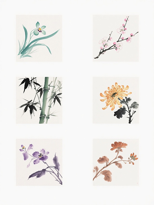 中国传统水墨风格花卉系列，纯白背景，六幅规整排布的水墨画组成集合，每幅画保持相同的写意笔触、淡雅晕染效果和简约构图，画面整体色彩变换为不同色调，分别描绘兰花（青绿色调）、梅花（粉白色调）、竹子（墨绿色调）、菊花（橙黄色调）以及另外两种同类目不同形态的花卉（紫色调与赭石色调），所有花卉均以流畅的墨线勾勒轮廓，配合温润的色彩晕染，展现出东方水墨特有的空灵意境与自然韵味。