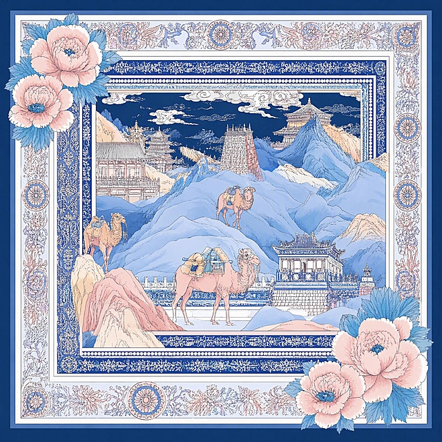 清晰画面结构与线条，去除画面中多余的叶子装饰元素，去掉所有人物形象，保留古建筑、骆驼、山水、几何边框纹样和牡丹花元素，整体构图干净整洁，蓝粉配色保持不变，高清细节，丝巾图案风格