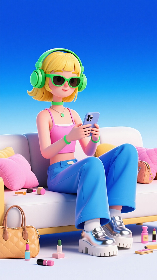 潮酷个性女生，黄发戴绿耳机、墨镜，穿粉吊带、蓝阔腿裤，靠在沙发上玩手机，脚踩银亮厚底鞋，架腿。周围有包包、粉色坐垫，散落化妆品，背景蓝白渐变