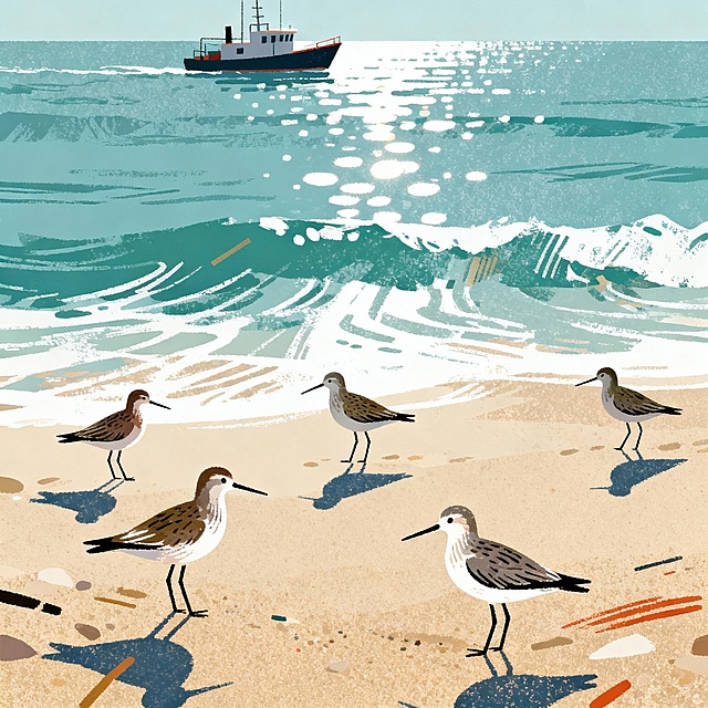 现代美学，极简主义，色彩颗粒，扁平化，插画、绘本插图、风景、自然主题、肌理触感等，肌理纸制作与画面特殊效果的把控是作品的灵魂，画面细腻耐人寻味、如肌理纸上的二次创作，如画、划等手法、特定色彩与肌理效果，画我所熟悉的海滩、几只鹬鸟、波光粼粼的海面上的船只和美丽的风景等主题。她每天都在进行绘画实验，在形状、颜色和线条上变得更加自由和具有实验性。