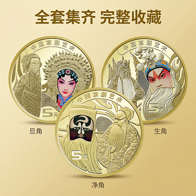 [主图 4] 三枚纪念币多角度展示拼图；[氛围风格] 整体和谐，高级收藏感；[画质] 商业摄影质感，每张图都清晰真实；[元素] 三枚纪念币分区域排列展示，每个纪念币保持原外观、颜色、材质不变，背景统一使用浅金色，整体版式协调，三张图片风格光影统一，总占比约75%；[光影] 每个纪念币光影一致，柔和均匀，突出金属质感；[配色] 整体浅金调，统一和谐；[视角构图] 三图排版错落有致，每种角度独立展示不重叠裁切；[文字版式] 顶部居中主标题 “全套集齐 完整收藏” 深金色粗体，每个纪念币下方标注对应名称：“旦角、净角、生角”，小字深灰色；[比例分辨率] 1:1比例，2k分辨率；[负向提示词] 变形，水印，文字错乱，修改纪念币外观，色差，排版混乱，光影不统一
