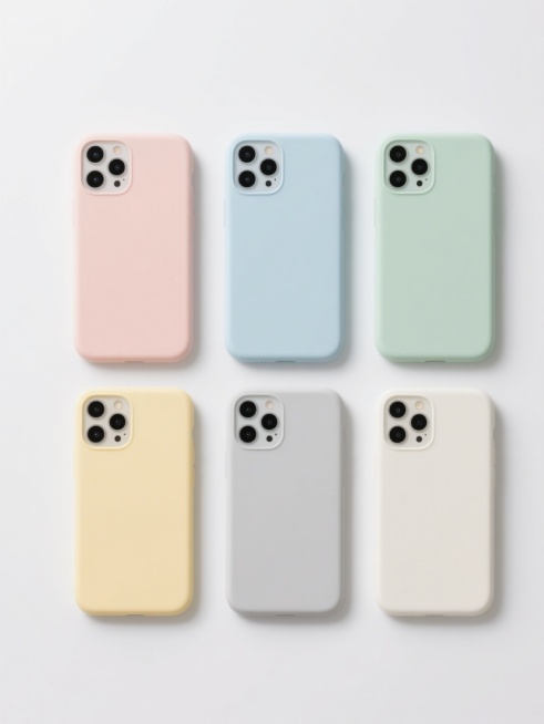 6个规整排布的智能手机保护壳，每个手机壳保持简约现代的整体造型，具有圆润的边角和光滑的表面处理，采用不同的纯色（如淡粉、浅蓝、薄荷绿、鹅黄、浅灰、米白）硅胶材质，展现出柔软细腻的哑光质感，每个手机壳的后置摄像头模组细节清晰，整体悬浮于纯白色背景之上，无任何文字、logo或水印，光线均匀柔和，呈现出干净、极简的产品展示风格。预览效果