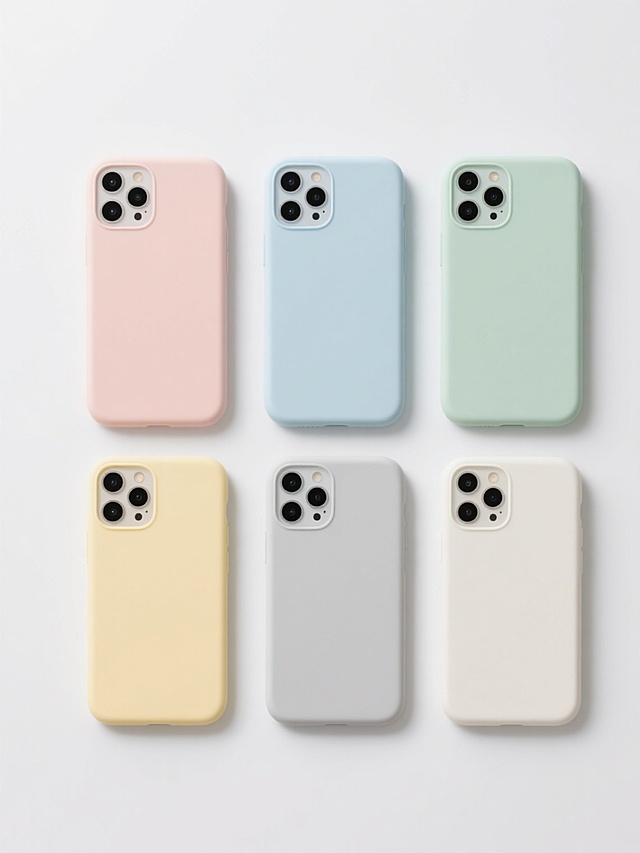 6个规整排布的智能手机保护壳，每个手机壳保持简约现代的整体造型，具有圆润的边角和光滑的表面处理，采用不同的纯色（如淡粉、浅蓝、薄荷绿、鹅黄、浅灰、米白）硅胶材质，展现出柔软细腻的哑光质感，每个手机壳的后置摄像头模组细节清晰，整体悬浮于纯白色背景之上，无任何文字、logo或水印，光线均匀柔和，呈现出干净、极简的产品展示风格。