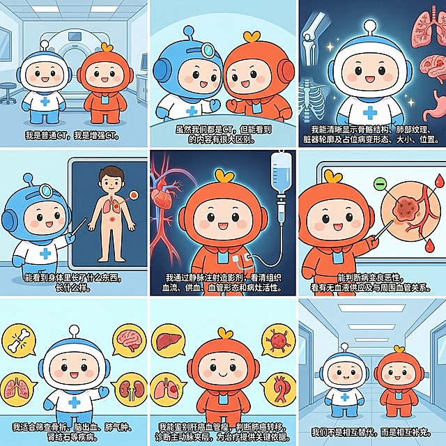 2D国漫简约漫剧风格9宫格医疗科普连环画，线条清晰流畅，平涂色彩，CT机拟人形象卡通化，画面干净无杂乱背景，每格配对应文字字幕，1080P高清，角色场景一致性强。第1格中景，医院CT室背景，左侧卡通普通CT机拟人（可爱表情），右侧增强CT机拟人（灵动表情）并肩站，字幕：我是普通CT，我是增强CT；第2格近景，两个CT形象靠在一起，浅蓝医疗渐变背景，字幕：虽然我们都是CT，但能看到的内容有很大区别；第3格特写，普通CT形象发光，背景浮现骨骼、肺部纹理、脏器轮廓卡通示意图，字幕：我能清晰显示骨骼结构、肺部纹理、脏器轮廓及占位病变形态、大小、位置；第4格中景，普通CT形象指向标注病变位置的身体卡通示意图，字幕：能看到身体里长了什么东西，长什么样；第5格特写，增强CT形象旁有输液管注射造影剂卡通动态，背景浮现血管、血流发光示意图，字幕：我通过静脉注射造影剂，看清组织血流、供血、血管形态和病灶活性；第6格近景，增强CT形象指向标注良恶性、血液供应的病变示意图，字幕：能判断病变良恶性，看有无血液供应及与周围血管关系；第7格分镜中景，普通CT旁浮现骨折、脑出血、肾结石卡通小图标，字幕：我适合筛查骨折、脑出血、肺气肿、肾结石等疾病；第8格分镜中景，增强CT旁浮现肝癌、血管瘤、主动脉夹层卡通小图标，字幕：我能鉴别肝癌血管瘤，判断肺癌转移，诊断主动脉夹层，为治疗提供关键依据；第9格全景，两个CT形象并肩向前，背景为医院医疗走廊，字幕：我们不是相互替代，而是相互补充