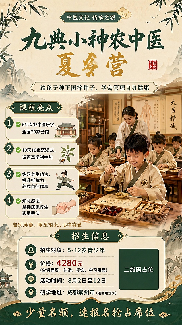 在现有海报基础上修改：1. 将主标题"九典小神农中医普惠夏令营"删除"普惠"两个字，改为"九典小神农中医夏令营"；2. 在招生信息区新增活动时间：8月2日至12日；3. 在课程亮点里增加宣传语：告别屏幕、眼里有光、心中有爱；保持整体国风新中式风格不变，所有其他文字、排版、配色、装饰元素均保持不变，所有修改的文字必须精确渲染，清晰可见，所有数字必须正确无误