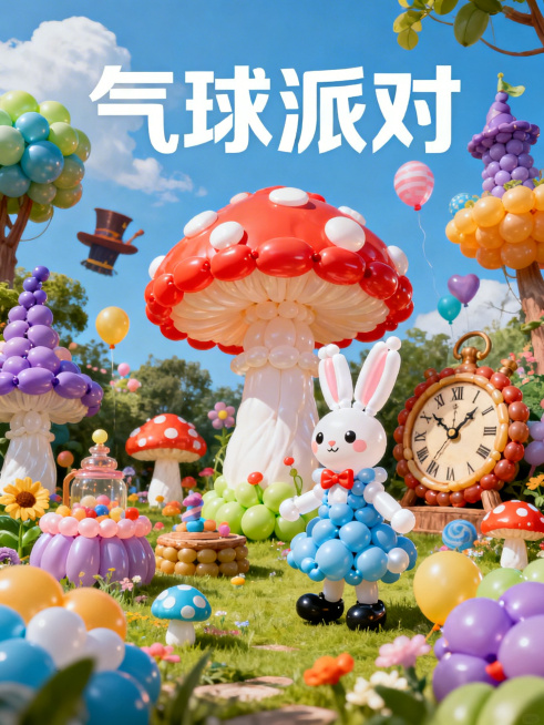 奇幻气球派对主题海报，标题"气球派对"，参考爱丽丝梦游仙境风格，整个奇幻世界中的所有物体都由气球组成，梦幻治愈，色彩丰富绚丽，充满童话氛围预览效果
