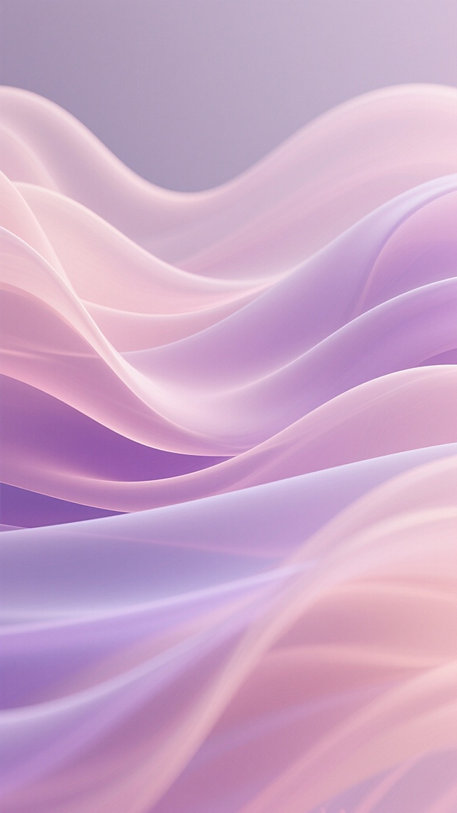 柔和流畅的波浪形态背景，采用数字艺术风格，具有细腻的半透明渐变质感，平滑的曲线过渡，轻盈飘逸的视觉效果，整体呈现温暖的粉紫色调，从浅粉到淡紫的渐变层次，明亮柔和的光源效果，高光区域自然融合，阴影过渡细腻，画面干净简洁，无文字和装饰元素，保持抽象流动的动态美感。