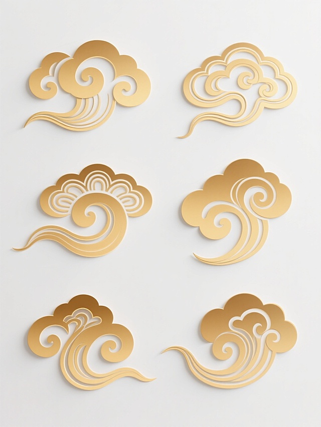 白色背景上整齐排列的6个不同样式和造型的中式云纹图案，金色渐变色调，线条流畅优美，包含卷曲云纹、层叠云纹、如意云纹等多种传统祥云形态，每个纹样细节精致，轮廓清晰，整体呈现出典雅庄重的东方美学风格，具有浓厚的中国传统文化韵味和装饰性。