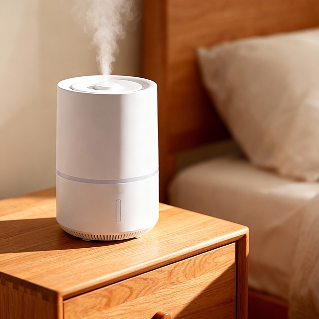 简约主义风格，性冷淡风设计，轻拟物形态的加湿器置于木质床头柜上，柔和光线营造舒适温馨实景感，蒸汽轻盈升腾，传递宁静生活氛围。