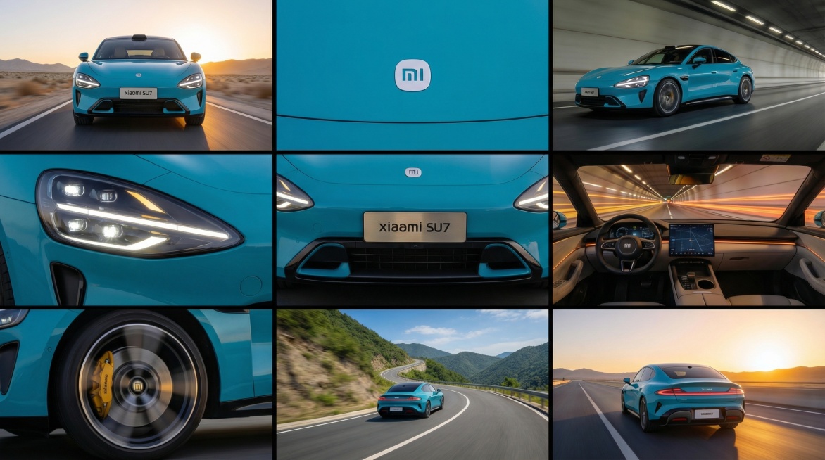 生成一张Xiaomi SU7的九宫格宣传图，比例为16:9。主体为蓝色Xiaomi SU7汽车，突出其流畅外观与科技感。九宫格每格独立构图，分别展示：1. 车辆正面全景，在户外公路场景；2. 车头LO预览效果