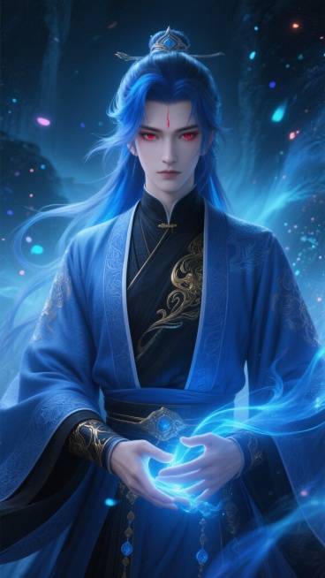 东方奇幻风格人物插画，主体是一位身着蓝色传统服饰的角色，场景设定为神秘的灵幻空间，仙侠玄幻题材，细腻渲染，清冷的蓝色为主色调，暗黑色内搭，金色装饰点缀，幽谧又神秘的氛围，正面特写视角，突出人物的神态与预览效果