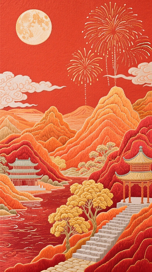 红橙色背景中有烟火、圆月、云彩，下方有橙色、红色、金色的山峦层层叠叠、蜿蜒的河流、中式楼阁与小亭、金黄树木、石阶小路，红色调