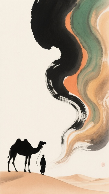 一幅具有东方写意风格的插画，以米白色为背景，画面右侧是由深黑色、墨绿色、橙色和土黄色等色彩交融而成的流畅、动感的抽象波浪状墨迹，色彩过渡自然且富有层次感，笔触带有水墨晕染的质感和厚重感。画面左下角，一个黑色剪影的人牵着一头黑色剪影的骆驼站在起伏的沙丘上，人物和骆驼的轮廓简洁而富有韵味，人与骆驼的姿态自然，骆驼的驼峰清晰可见。整体构图采用不对称布局，右侧的抽象墨迹占据画面主要视觉空间，左下角的人……预览效果