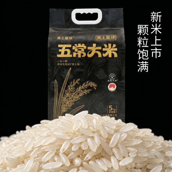 [主图 3] 五常大米细节展示主图，米粒微距特写。
[氛围风格] 黑金风格，干净高级质感；
[画质] 商业摄影质感、光线柔和通透、产品清晰真实、画面干净高级。
[元素] 画面下半部分堆放大量生米粒，展预览效果