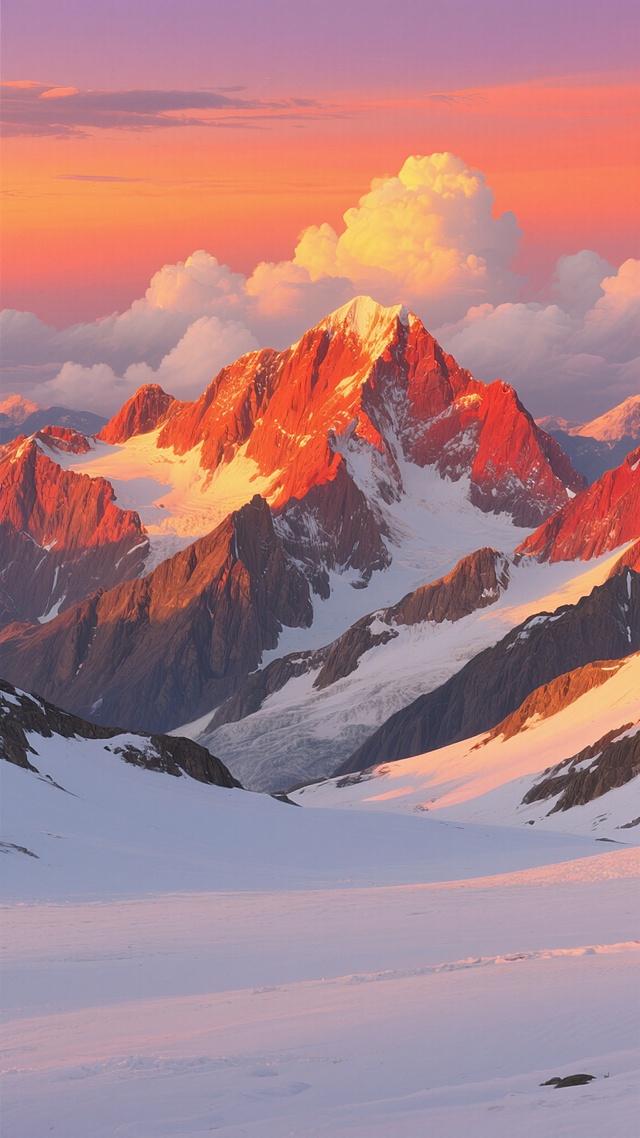 超写实风格雪山全景，画面整体色彩变换为温暖的橙红色调，雄伟的雪山群峰被夕阳染成金红色，山顶覆盖着橙红色的积雪，山体岩石呈现暖棕色纹理，广阔的雪原在暖光下泛着柔和的橙黄色光芒，天空是渐变的橙红到粉紫色，点缀着被霞光映照的白色云朵，光影柔和，高光区域呈现明亮的金黄色，阴影部分带有温暖的橙红色调，整体营造出壮丽而温暖的雪山日落氛围，细节丰富，质感细腻，构图采用三分法，雪山群峰占据画面主体，雪原作为前景延伸至远方，空间感强烈。