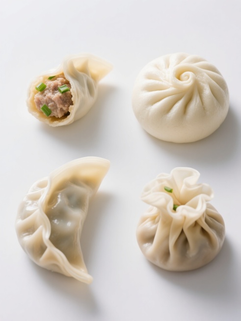 在纯白色背景上，以高度写实的摄影风格，清晰展现四个不同中式包点的特写，每个包点占据画面四分之一区域，呈2x2规整排布。左上角是一只咬开的饺子，露出鲜嫩的肉馅和翠绿葱花；右上角是一个褶皱精致的蒸包子，顶部有螺旋状收口；左下角是一只半月形的蒸饺，皮薄透亮隐约可见内馅；右下角是一个小巧的烧卖，顶部散开的褶子如同绽放的花朵，每个包点都具有细腻的纹理、自然的光影过渡和真实的食材质感，整体画面干净简洁，突……预览效果