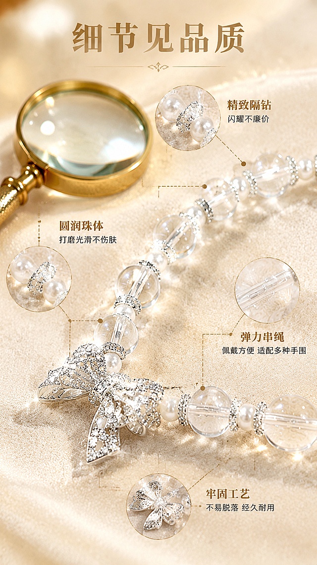 [第5屏] 细节特写页-仿天然白水晶蝴蝶结手链工艺细节放大展示。本屏使用【图1】作为商品主体，保持工艺细节与原图一致。
[氛围/风格] 精致工艺风，暖金香槟色调，微距细节展示，高级珠宝摄影质感。
[元素布局] 画面采用对角线构图，手链从左下延伸至右上，占比约45%；重点突出几个细节部位：隔钻配件的精致做工、串珠的整齐排列、弹力线的隐形设计、蝴蝶结背面的工艺；背景为浅米色丝绒质感，有柔和的光斑；旁边放一个金色放大镜道具增加细节感。
[光影质感] 侧光打亮手链边缘，突出每颗珠子的圆润和金属配件的光泽，细节处有高光点缀，整体柔和有质感。
[配色色系] 全局底色 #F2E8D8 浅香槟丝绒色；主色白+银；辅助色暖金、珍珠白、浅棕。
[视角构图] 45度斜侧视角，微距特写，对角线构图增加动感，细节引线标注。
[文字版式] 顶部标题「细节见品质」；用细金色引线从手链各细节处引出标注文字：「精致隔钻」「闪耀不廉价」、「圆润珠体」「打磨光滑不伤肤」、「弹力串绳」「佩戴方便 适配多种手围」、「牢固工艺」「不易脱落 经久耐用」；文字字号适中，清晰可读；全部使用中文，无任何英文。
[比例分辨率] 9:16 竖版比例，4K分辨率，文字清晰可辨，高清画质。
[负向提示词] 手链变形，工艺细节失真，珠子不圆润，颜色偏差，水印，文字错乱，引线标注混乱，文字过小，背景杂乱。